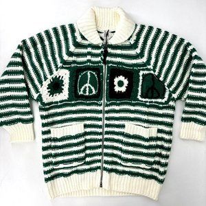 UO BDG Crochet Knit Zip Up Cardigan Sweater Patchwork Green Peace NWT $148 sz XS